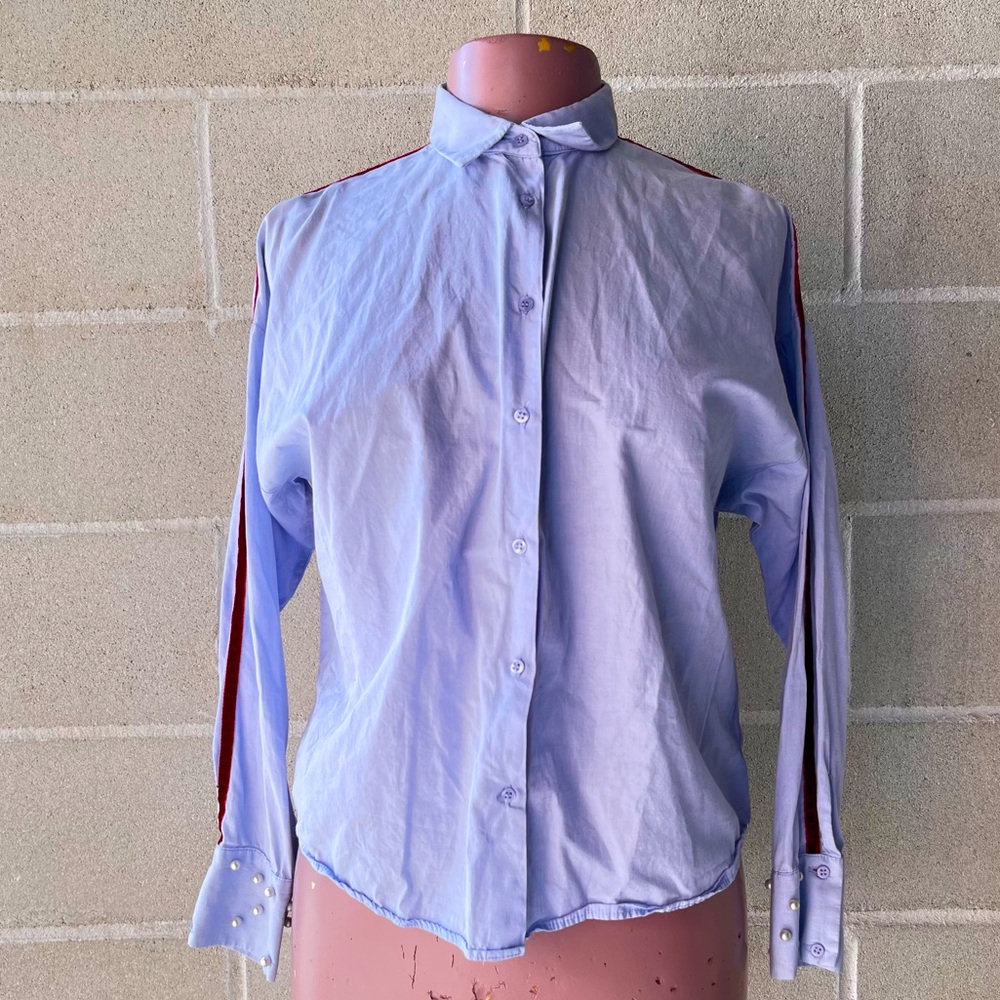 ZARA long sleeve button down shirt with velvet and pearls details